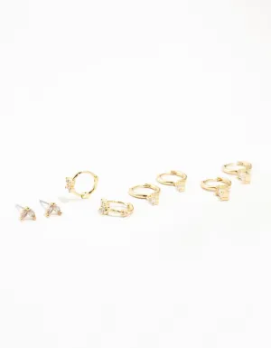 Gold Plated Brass  Brass Cubic Zirconia Hoop Earrings 4-Pack