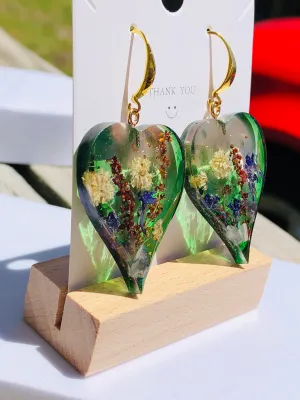 Green Emerald Botanical Blossom Heart Earrings