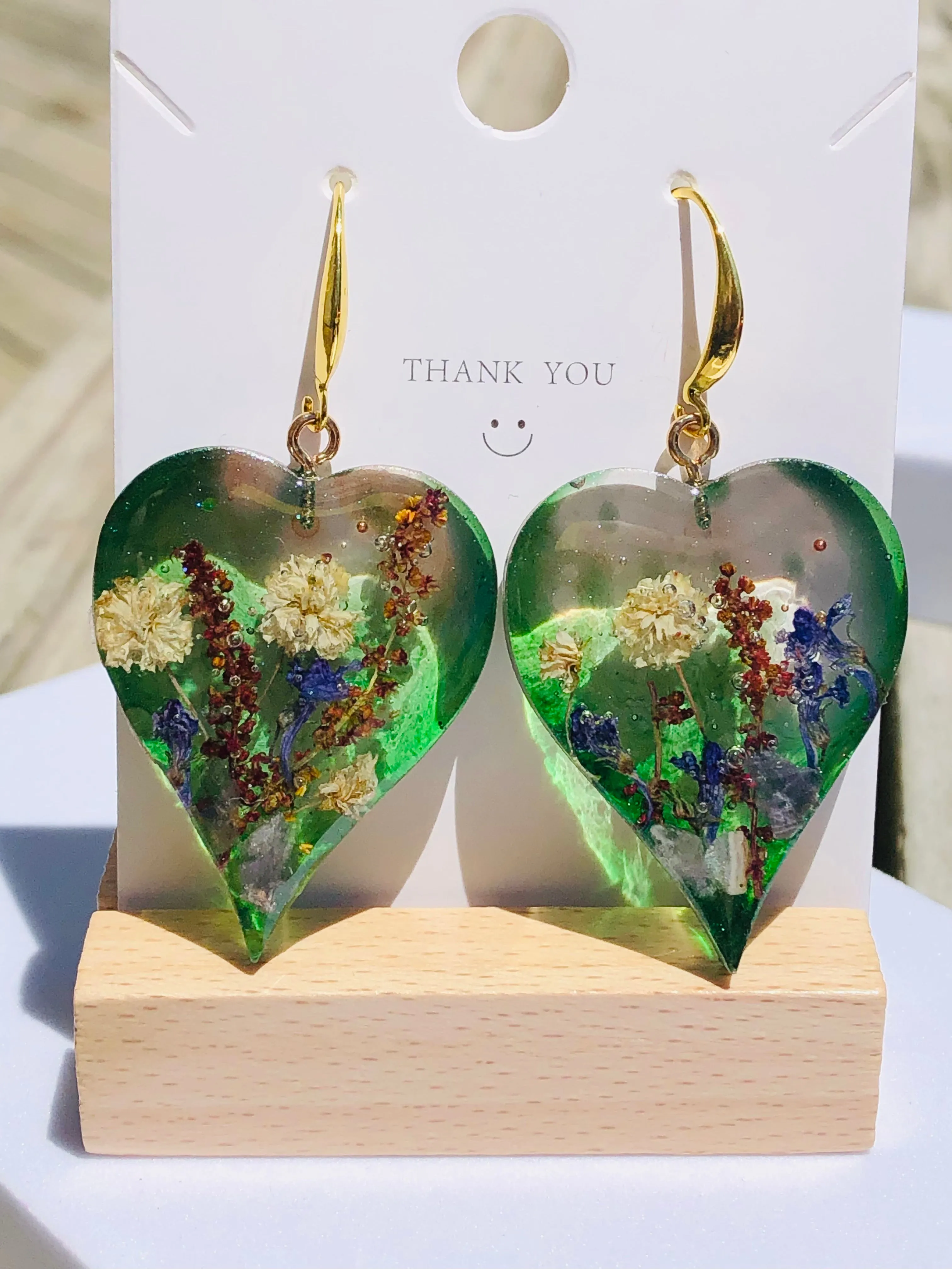 Green Emerald Botanical Blossom Heart Earrings