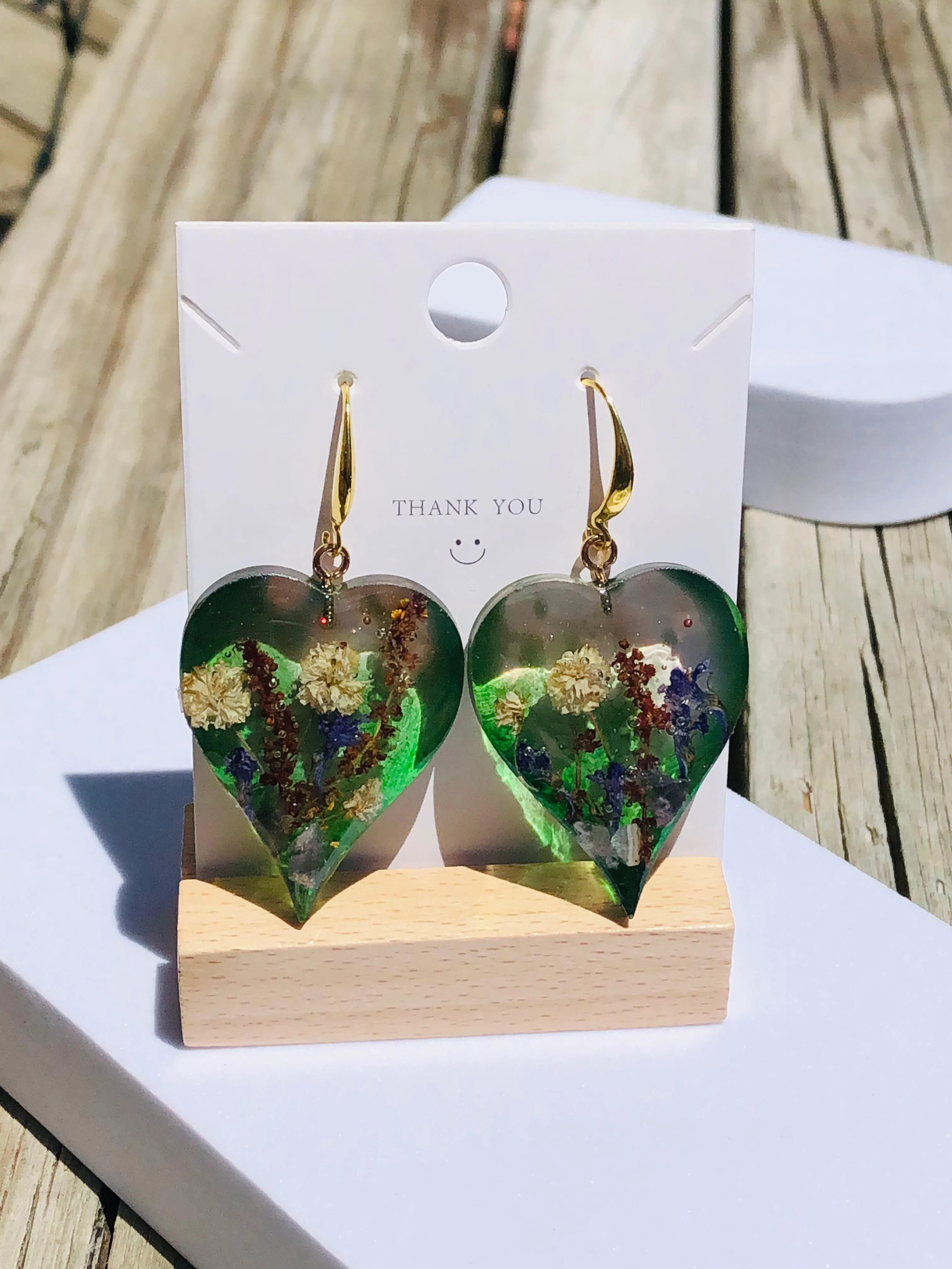 Green Emerald Botanical Blossom Heart Earrings
