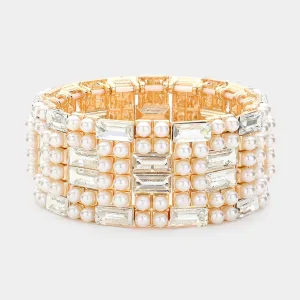 iLLASPARKZ Baguette Glass Stone Pointed Pearl Embellished Stretch Bracelet