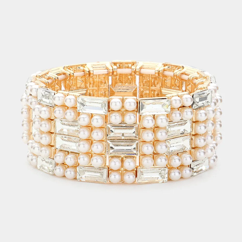 iLLASPARKZ Baguette Glass Stone Pointed Pearl Embellished Stretch Bracelet