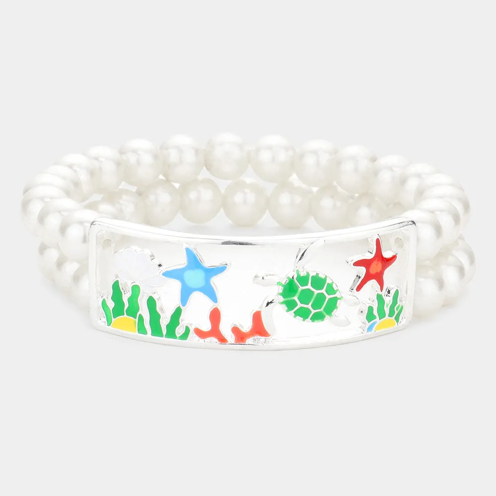 iLLASPARKZ Enamel Starfish Turtle Coral Accented Double Layered Pearl Stretch Bracelet
