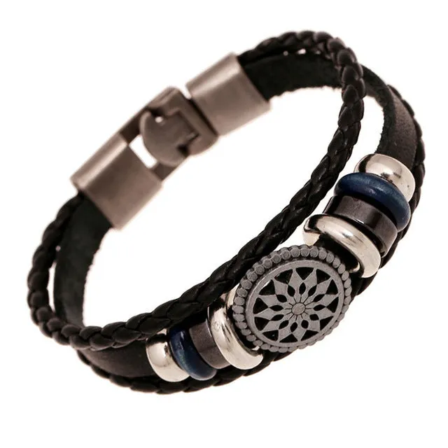 Jiayiqi Vintage Star Anchor Skull Bead Bracelet Woven Punk Leather Bracelet For Men Jewelry Hip-hop Multilayer Braid Wrap Bangle
