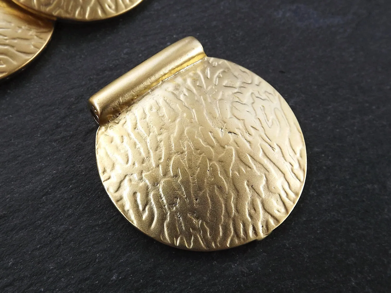Large Semi Circle Pendant, Textured Pendant, Semi Circle Bead, Bark Pendant, Bark Bead Spacer, Unusual Pendant, 22 Matte Gold, 1pc