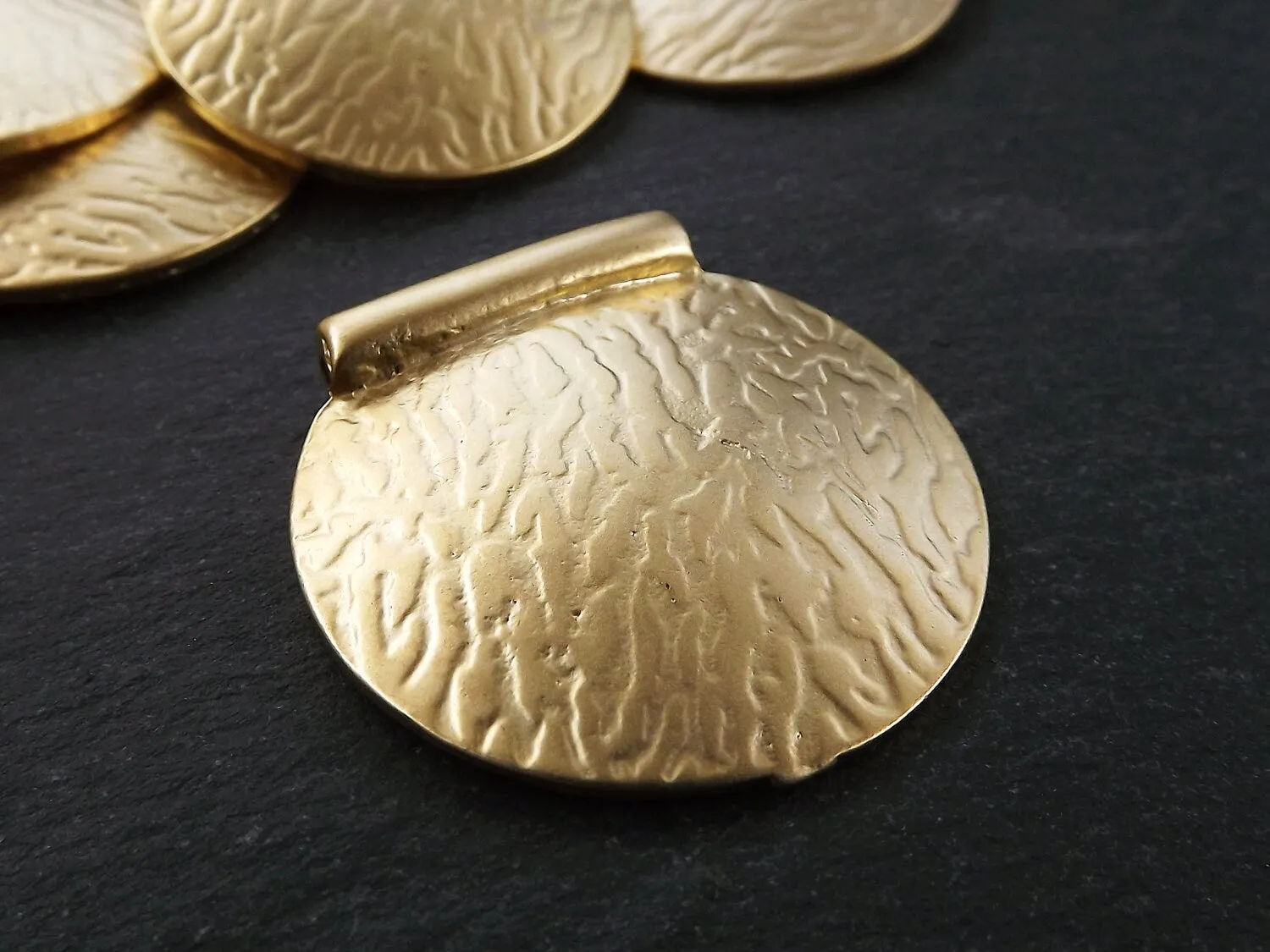 Large Semi Circle Pendant, Textured Pendant, Semi Circle Bead, Bark Pendant, Bark Bead Spacer, Unusual Pendant, 22 Matte Gold, 1pc