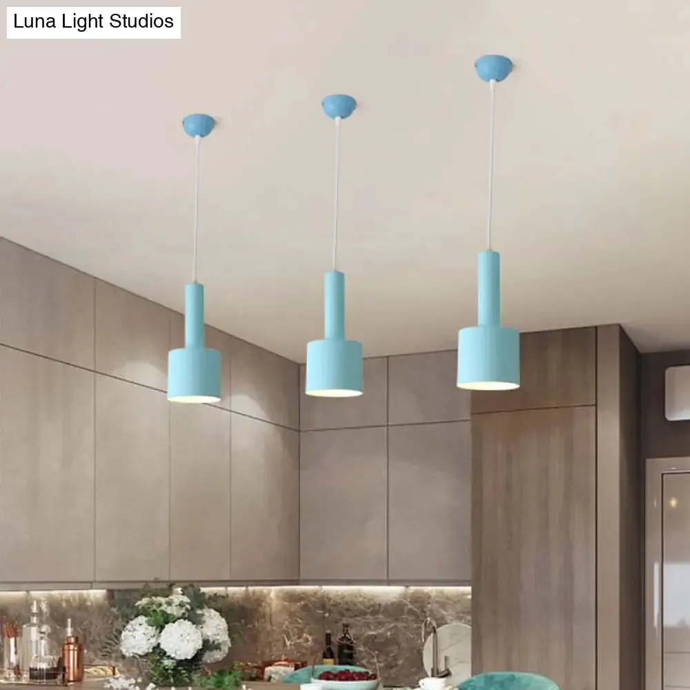 Macaron 1-Light Blue Finish 2-Layer Tube Metal Hanging Light Kit, Ceiling Pendant Lamp for Table