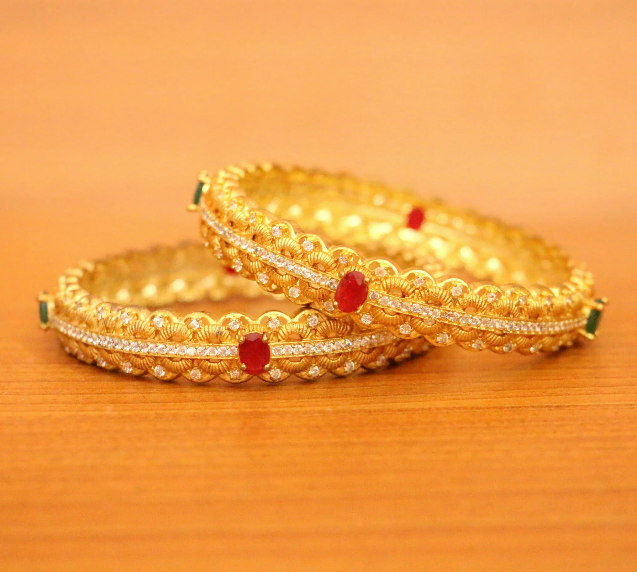 MATT GOLD LOOK CZ RUBY & EMERALD LOOK BANGLES