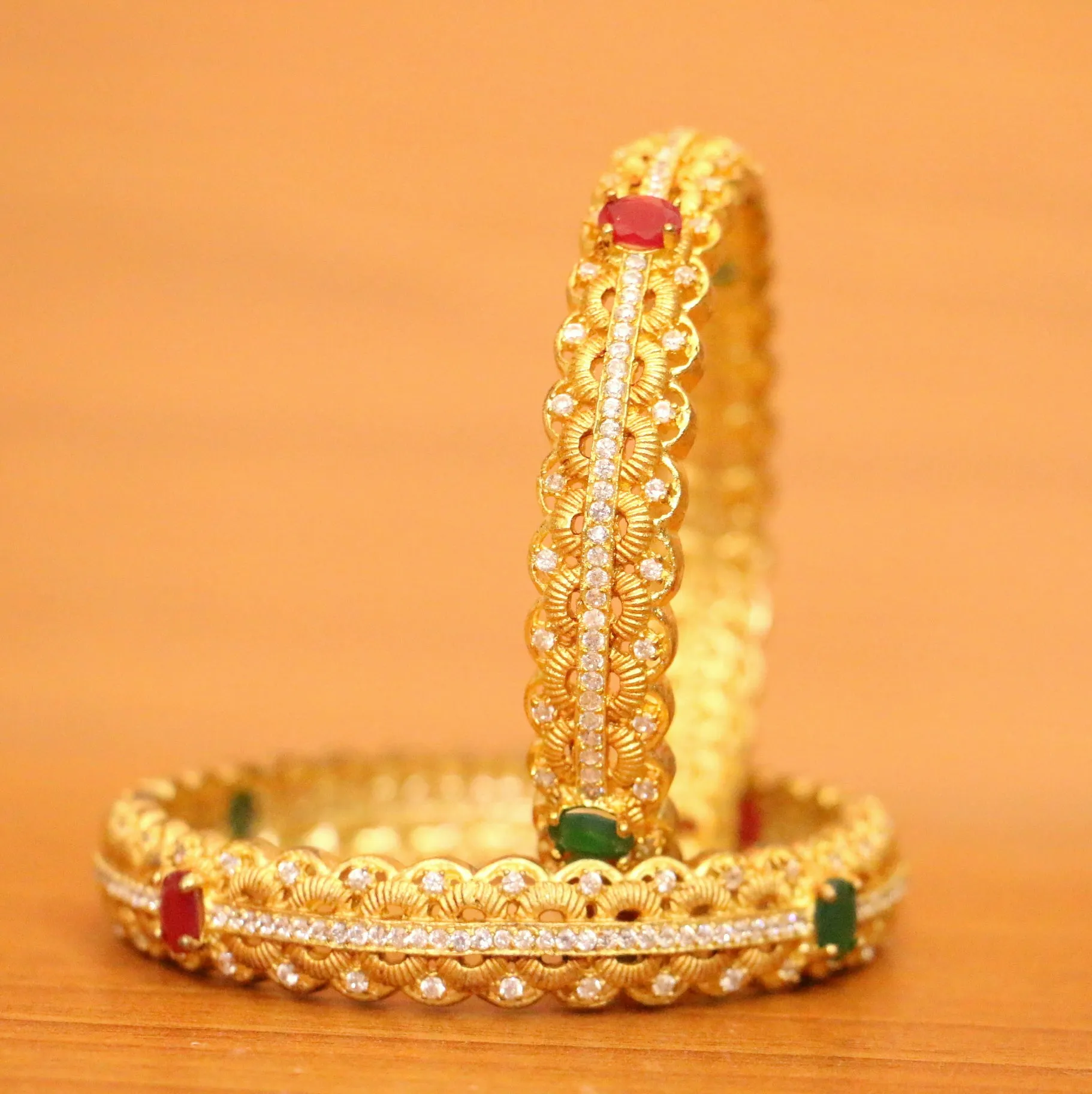 MATT GOLD LOOK CZ RUBY & EMERALD LOOK BANGLES