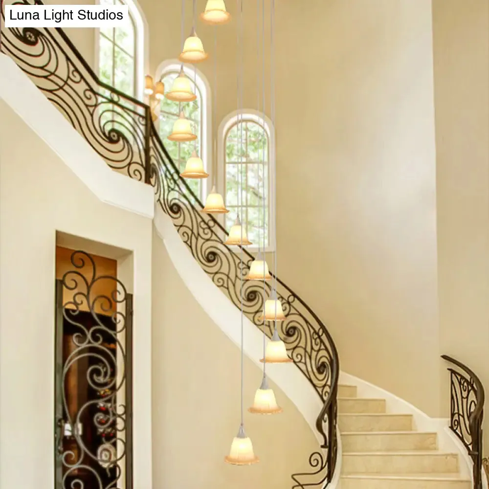 Modern White Glass Flower Multi Pendant Ceiling Lamp with Spiral Design - 12 Lights for Stairs