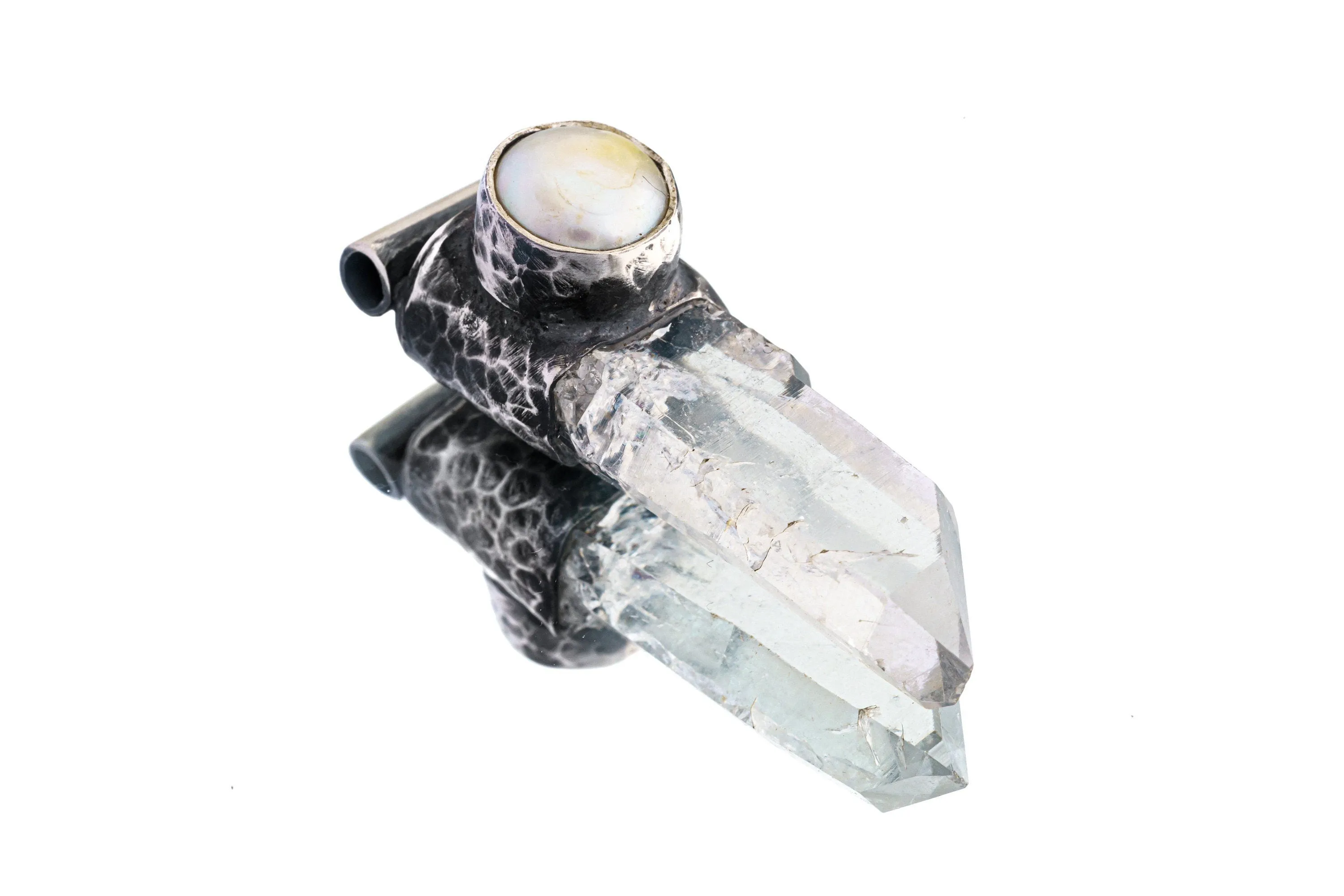 Nepali Lemurian Super Clear Edged  Quartz Point with a South Sea Pearl - Stack Pendant - Textured & Oxidised 925 Sterling Silver - NO 9