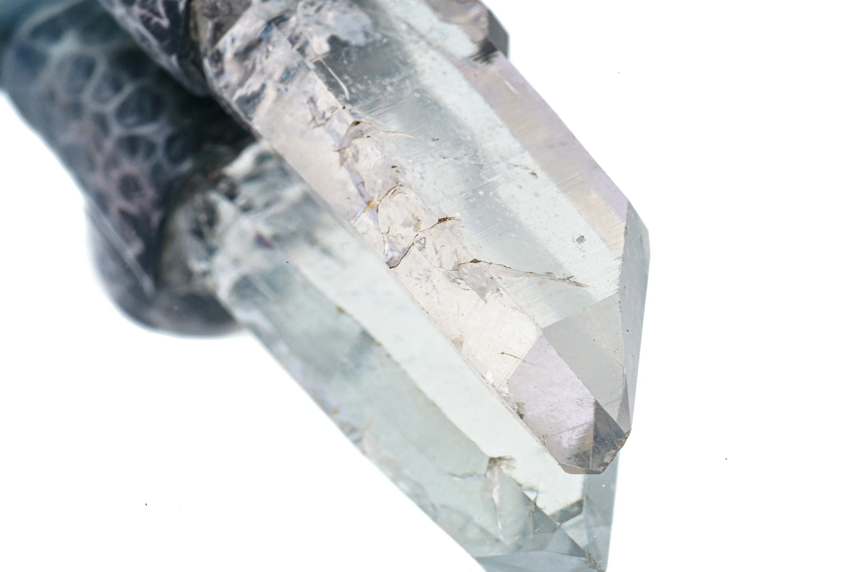 Nepali Lemurian Super Clear Edged  Quartz Point with a South Sea Pearl - Stack Pendant - Textured & Oxidised 925 Sterling Silver - NO 9