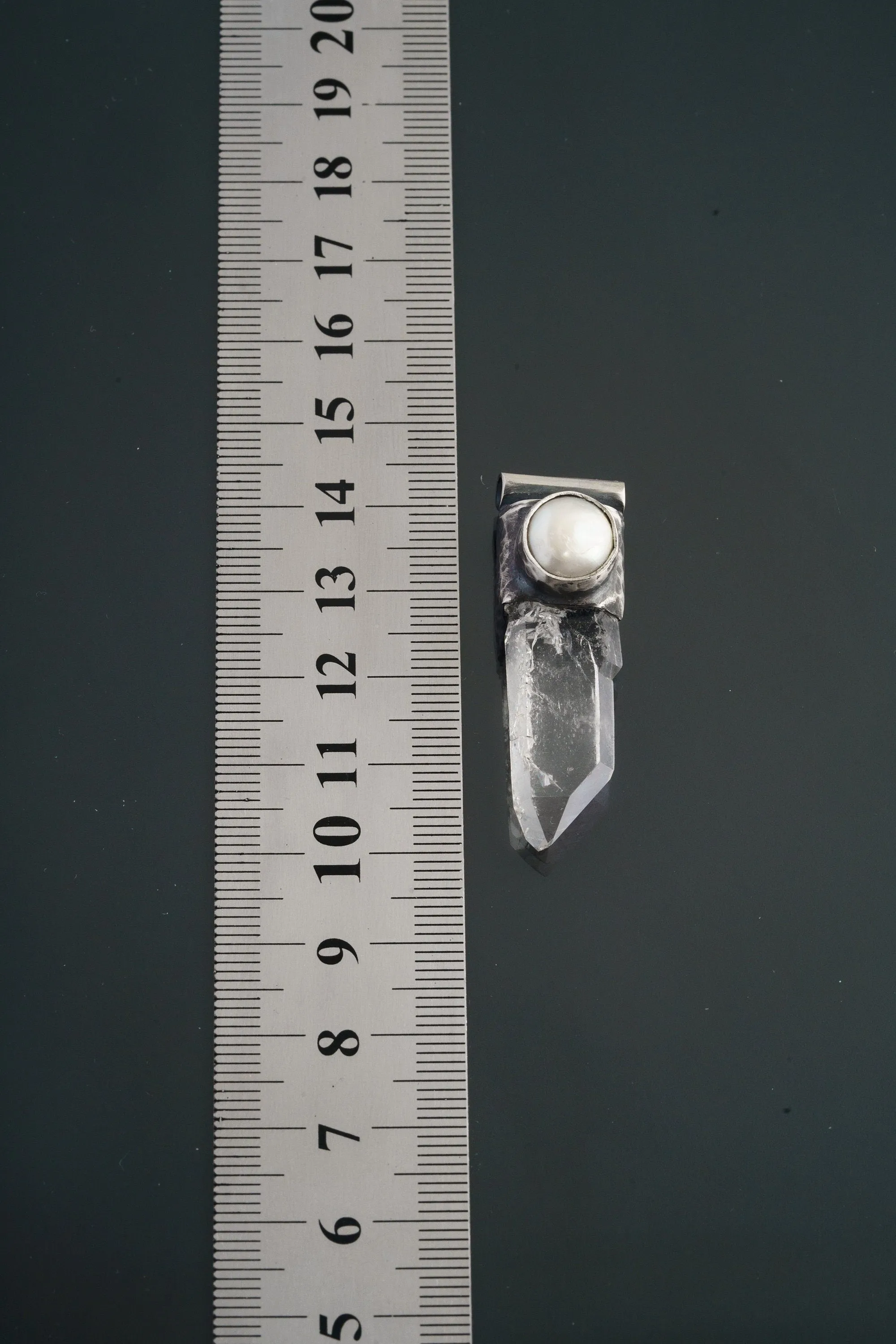 Nepali Lemurian Super Clear Edged  Quartz Point with a South Sea Pearl - Stack Pendant - Textured & Oxidised 925 Sterling Silver - NO 9
