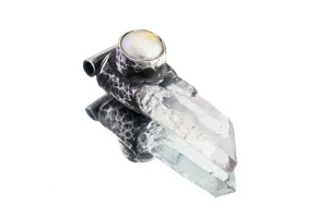 Nepali Lemurian Super Clear Edged  Quartz Point with a South Sea Pearl - Stack Pendant - Textured & Oxidised 925 Sterling Silver - NO 9