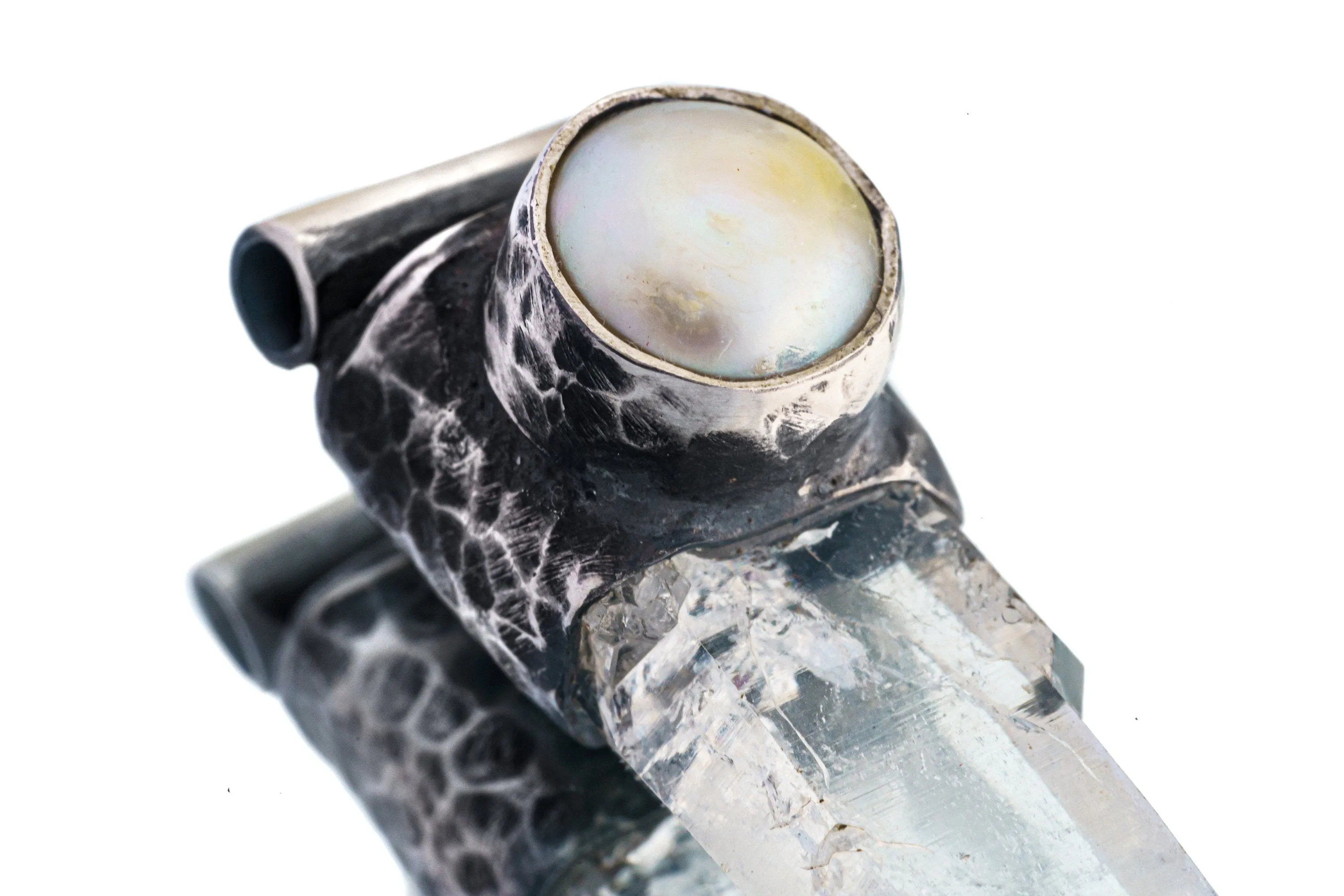 Nepali Lemurian Super Clear Edged  Quartz Point with a South Sea Pearl - Stack Pendant - Textured & Oxidised 925 Sterling Silver - NO 9