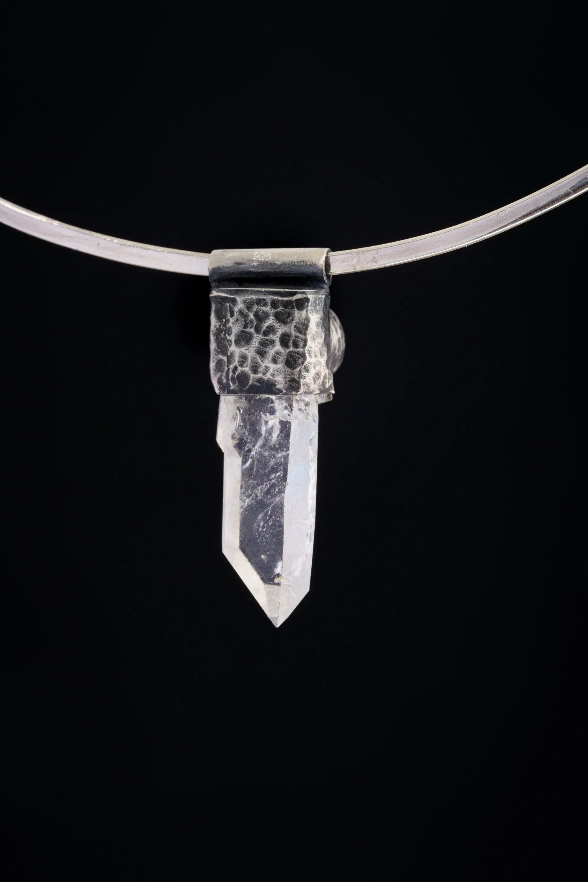 Nepali Lemurian Super Clear Edged  Quartz Point with a South Sea Pearl - Stack Pendant - Textured & Oxidised 925 Sterling Silver - NO 9