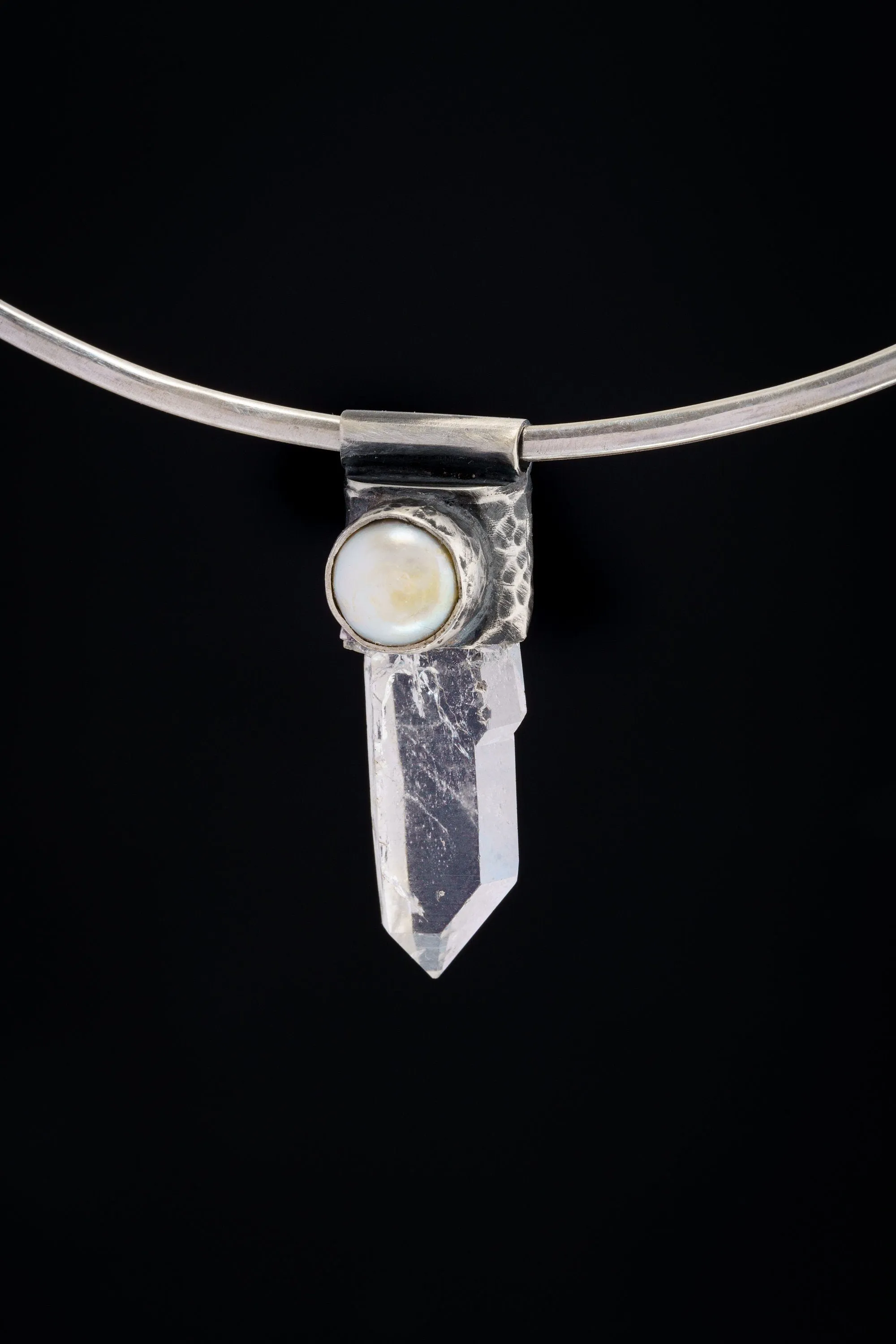 Nepali Lemurian Super Clear Edged  Quartz Point with a South Sea Pearl - Stack Pendant - Textured & Oxidised 925 Sterling Silver - NO 9