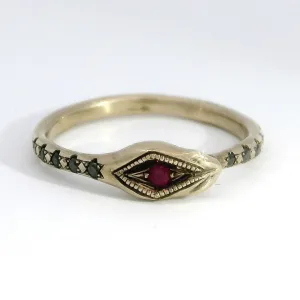 Ourobors - Ruby & Black Diamond Gold Snake Ring