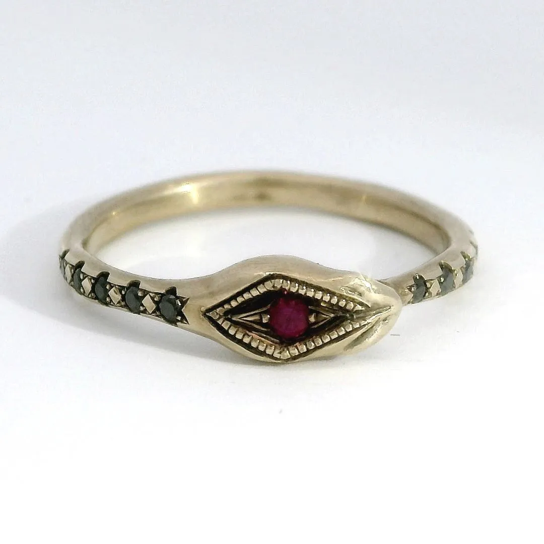Ourobors - Ruby & Black Diamond Gold Snake Ring