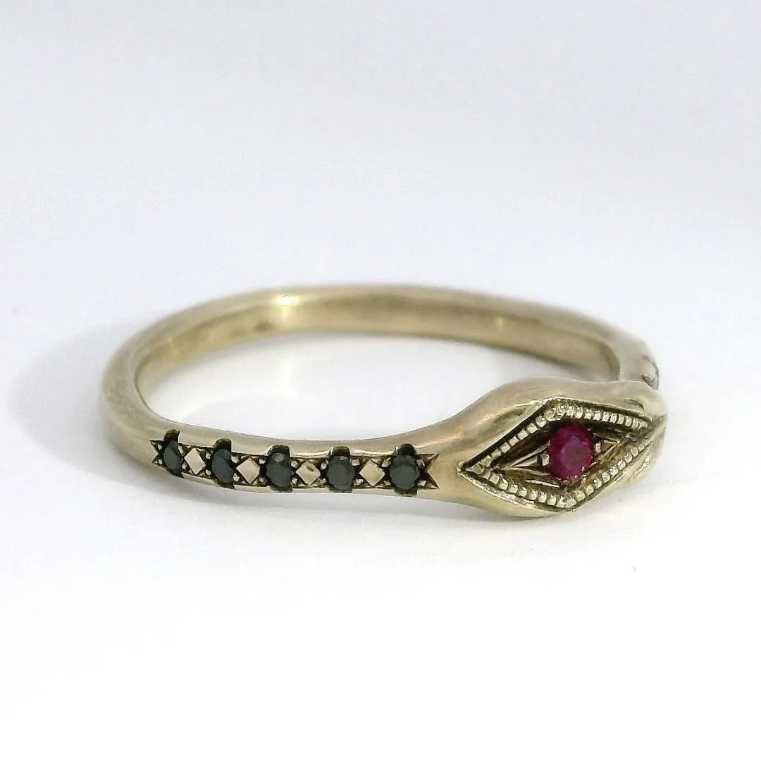 Ourobors - Ruby & Black Diamond Gold Snake Ring