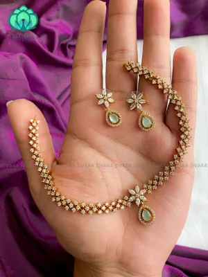 PASTEL GREEN STONE AD MOTIF FREE TEAR- stylish and minimal elegant neckwear with earrings- Zivara Fashion