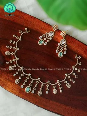 PASTEL GREEN  -THIN GLAMAROUS STONE NECKWEAR - stylish and minimal elegant neckwear with earrings- Zivara Fashion