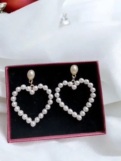 Pearl - heart earrings | heart hoop earrings | golden dangle earrings | pearl white drop earrings | Korean earrings| valentine gift