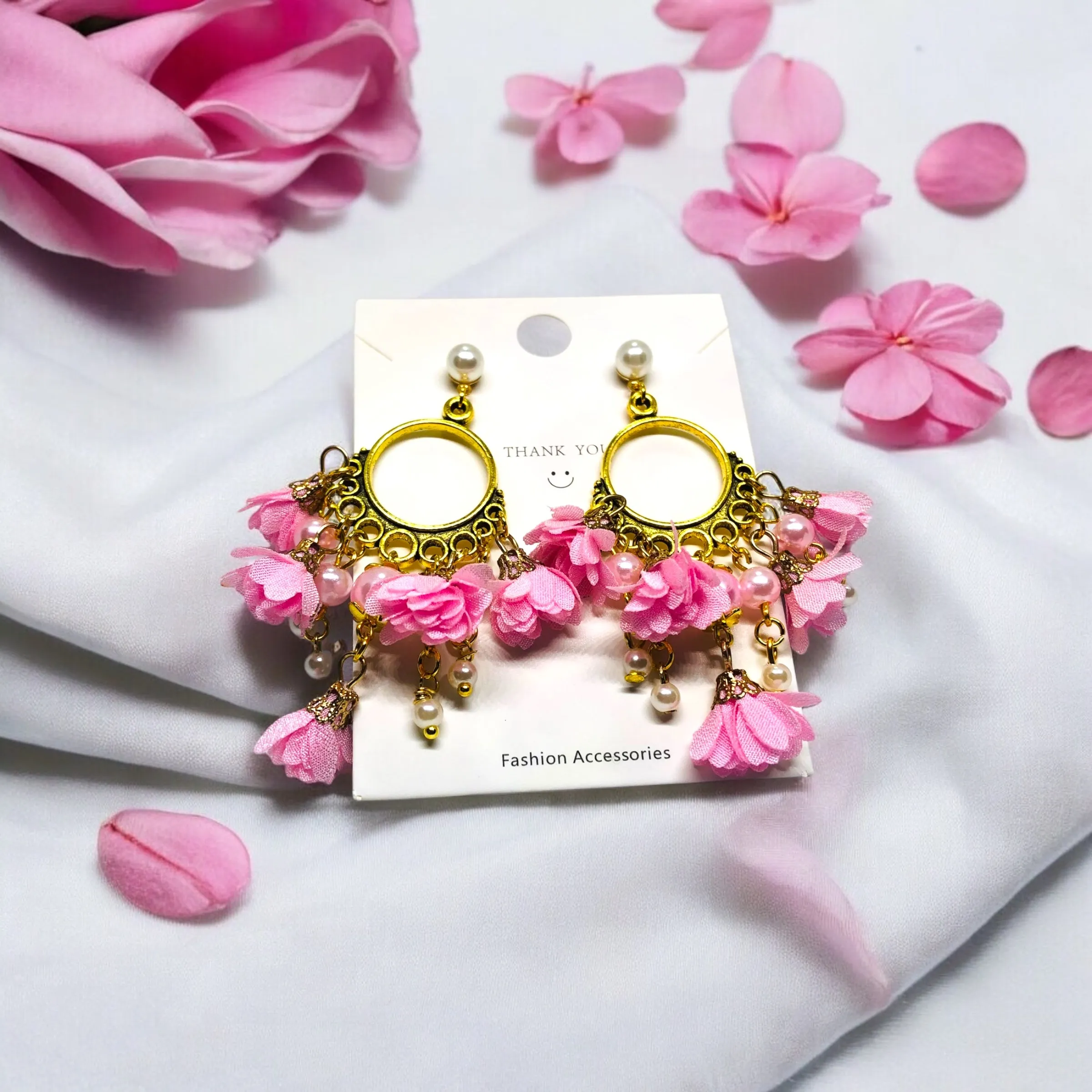Pink Bohemian Antique Gold Chandelier Earrings