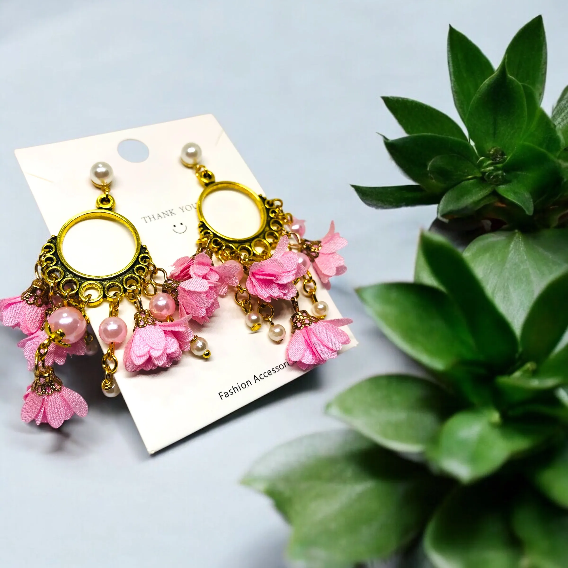 Pink Bohemian Antique Gold Chandelier Earrings