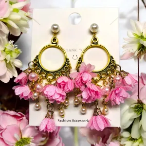 Pink Bohemian Antique Gold Chandelier Earrings