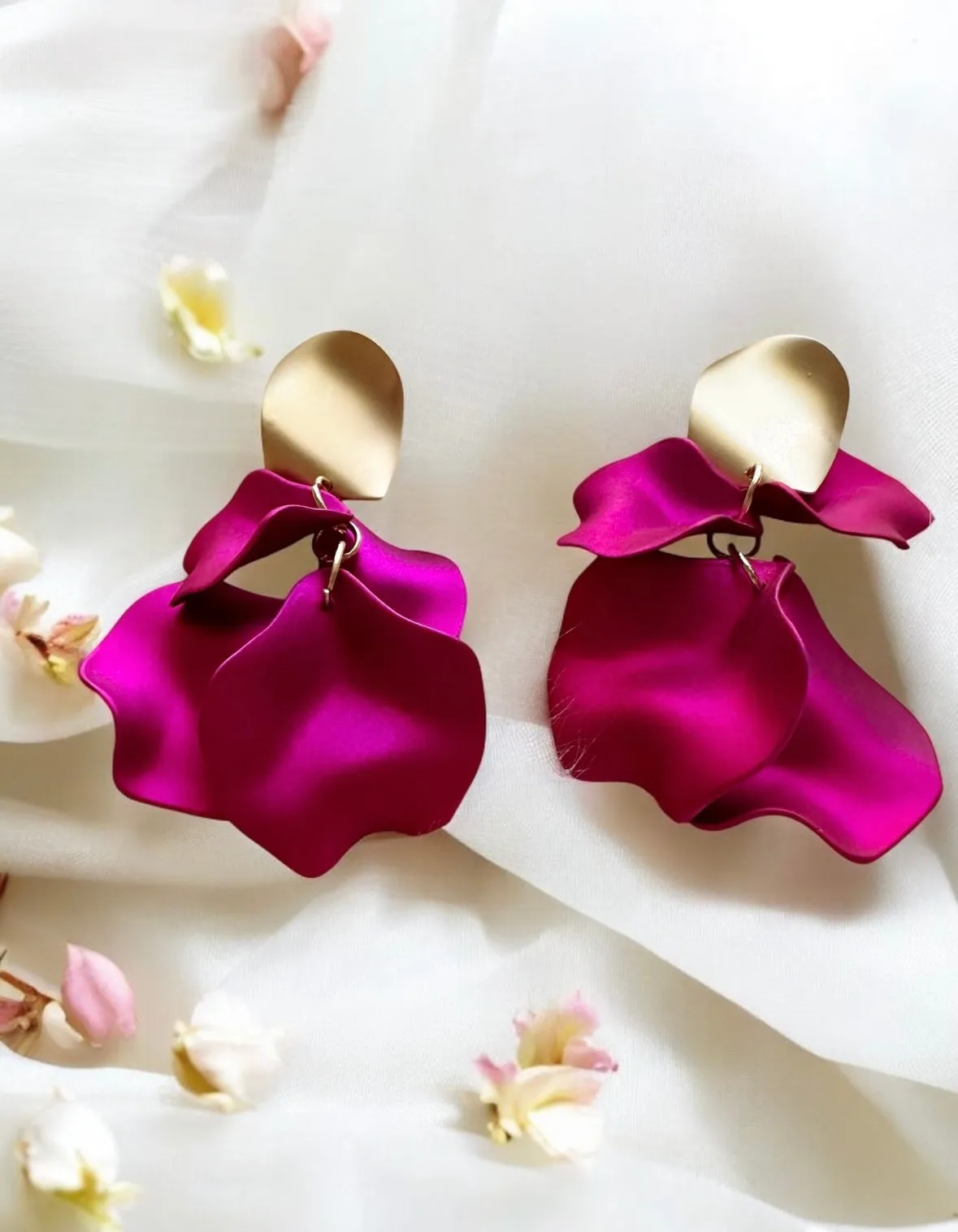 Pink - Fuchsia pink flower earrings | dangly earrings | irisdescent petals oversize disc statement | golden geometric floral bridal party earrings