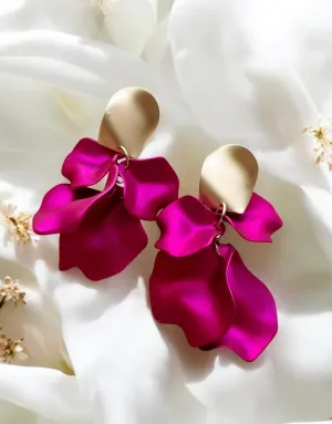 Pink - Fuchsia pink flower earrings | dangly earrings | irisdescent petals oversize disc statement | golden geometric floral bridal party earrings