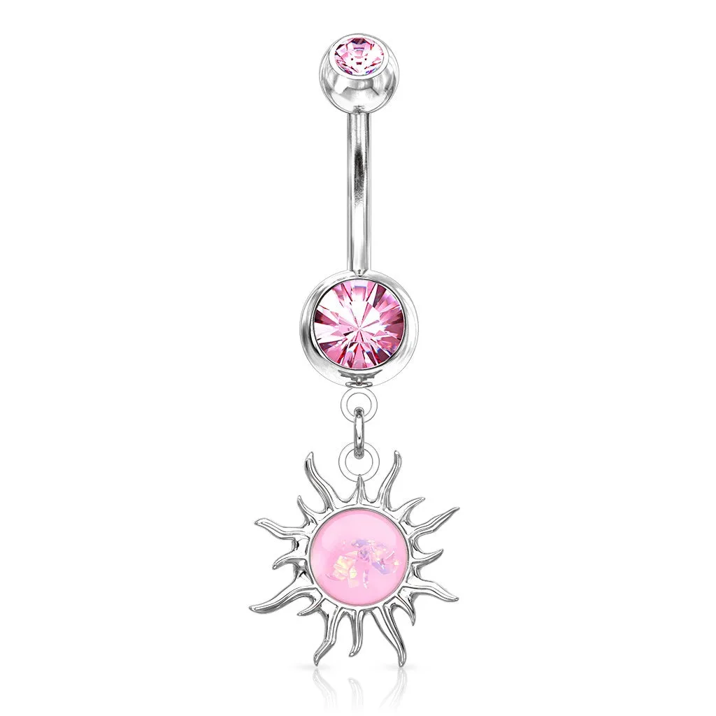 Pink Sun Opal Glitter Belly Ring