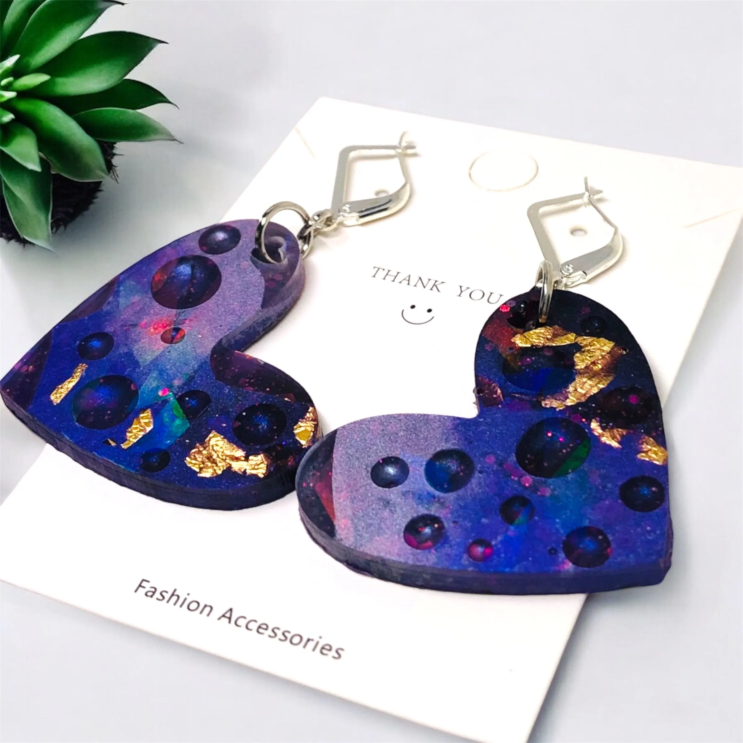 Purple Raindrop Holographic Heart Resin Huggie Earrings