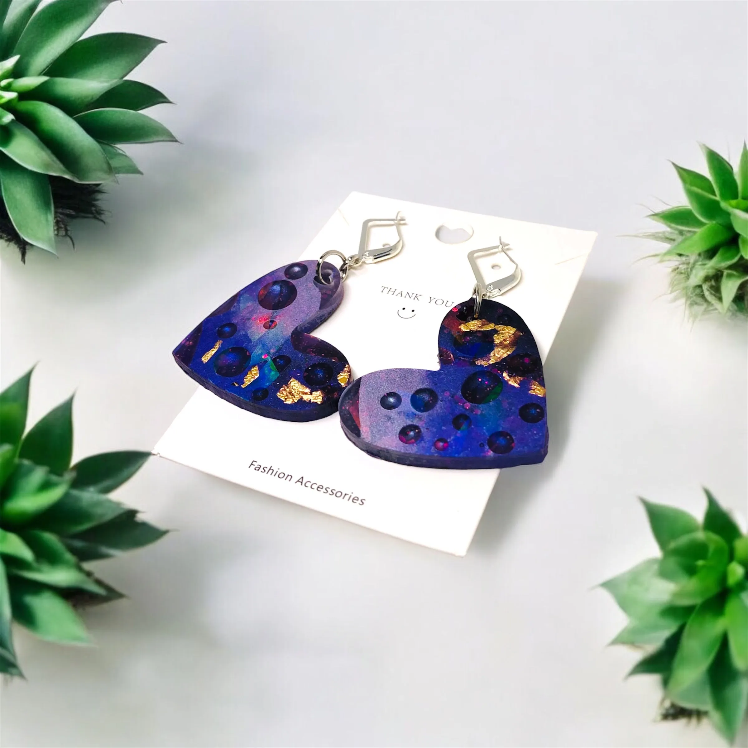 Purple Raindrop Holographic Heart Resin Huggie Earrings