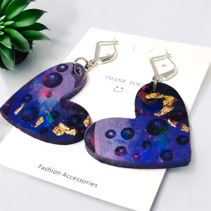 Purple Raindrop Holographic Heart Resin Huggie Earrings