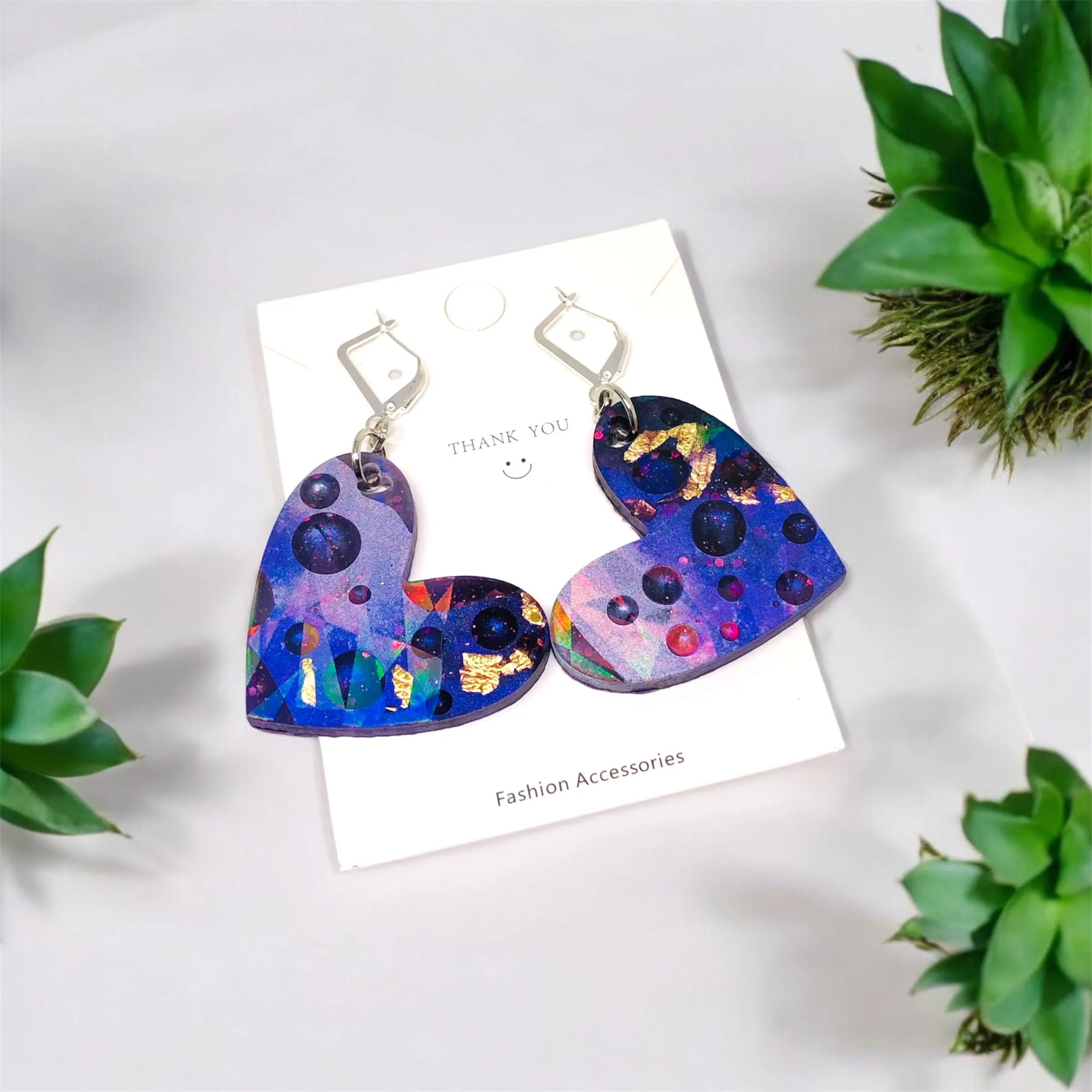 Purple Raindrop Holographic Heart Resin Huggie Earrings