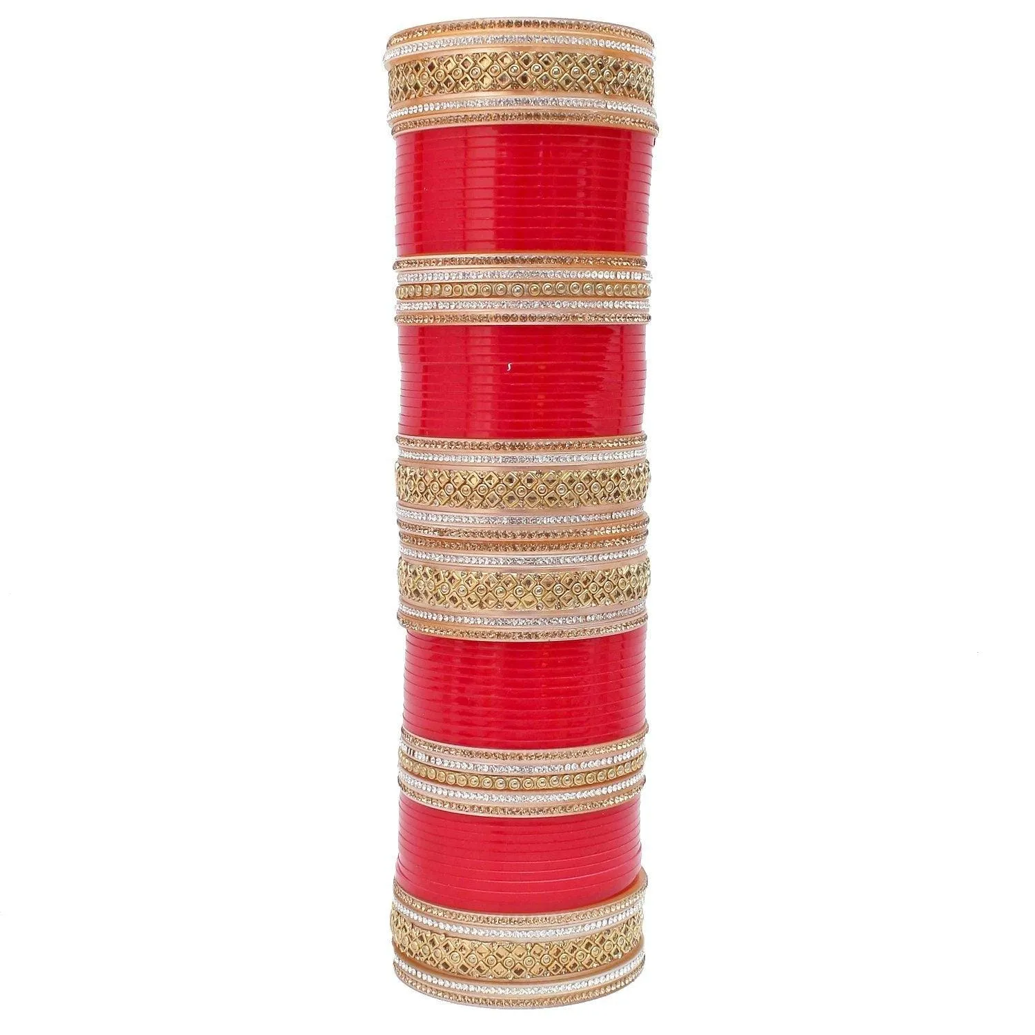 Red Bridal Dulhan Golden & White Stone Chura Designer Fashion Choora Punjabi Chuda Set