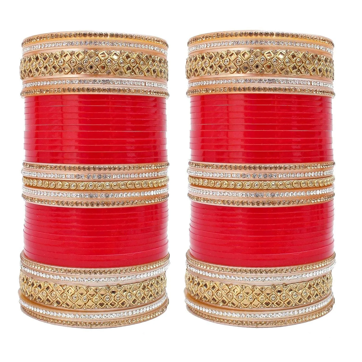 Red Bridal Dulhan Golden & White Stone Chura Designer Fashion Choora Punjabi Chuda Set