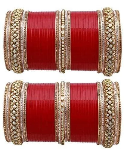Red Silver and Golden Kundan Chooda.Designer Chura Bridal Dulhan Punjabi Choora Fashion Jewellery Chuda Set