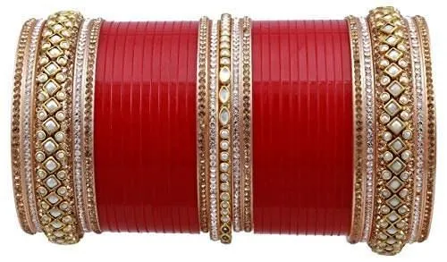 Red Silver and Golden Kundan Chooda.Designer Chura Bridal Dulhan Punjabi Choora Fashion Jewellery Chuda Set