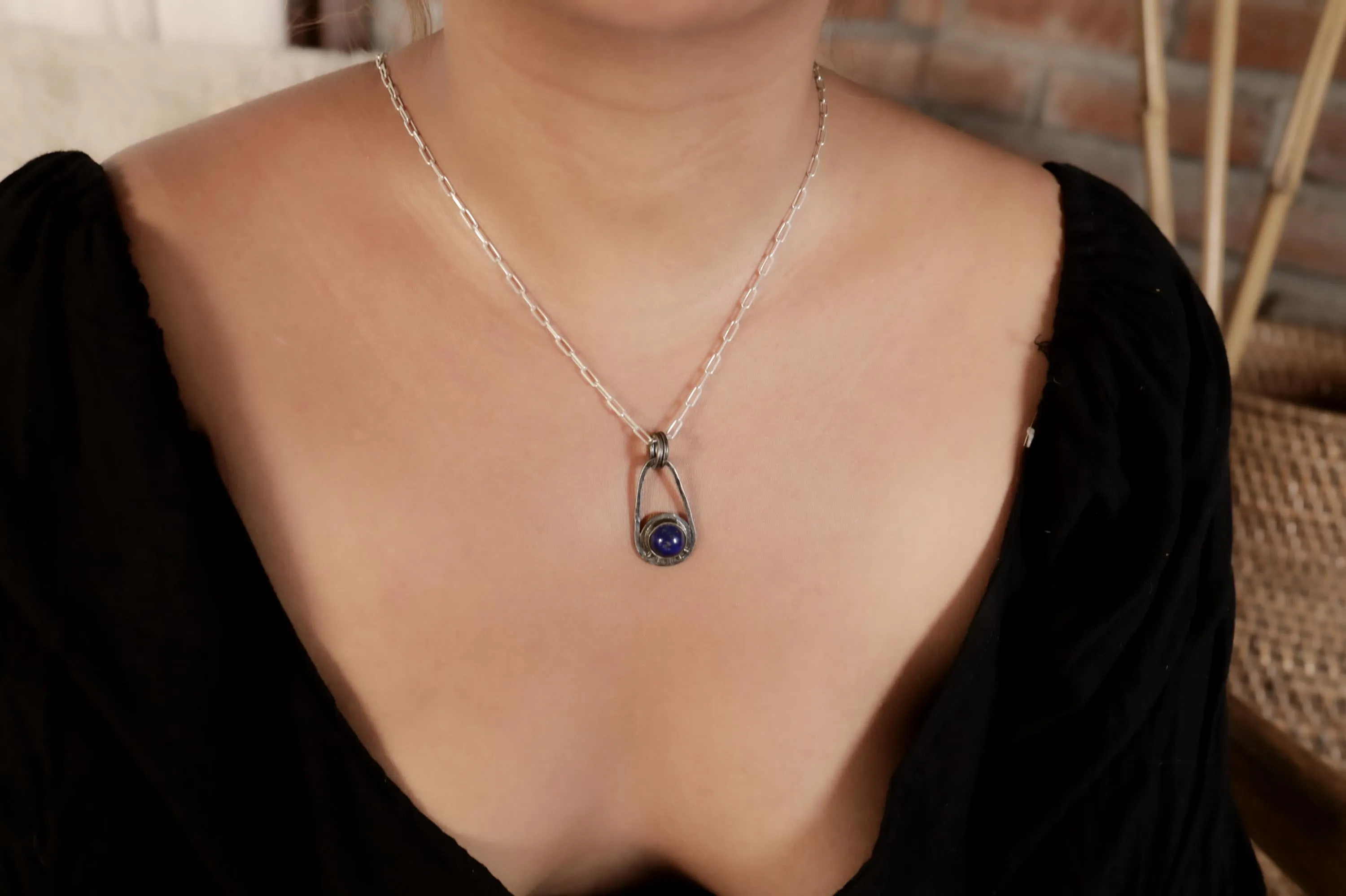Round Lapis Lazuli Cab - Solid Oxidised Textured Sterling Silver - Rustick Boho Oval Sun/ Moon - Pendant Crystal Necklace