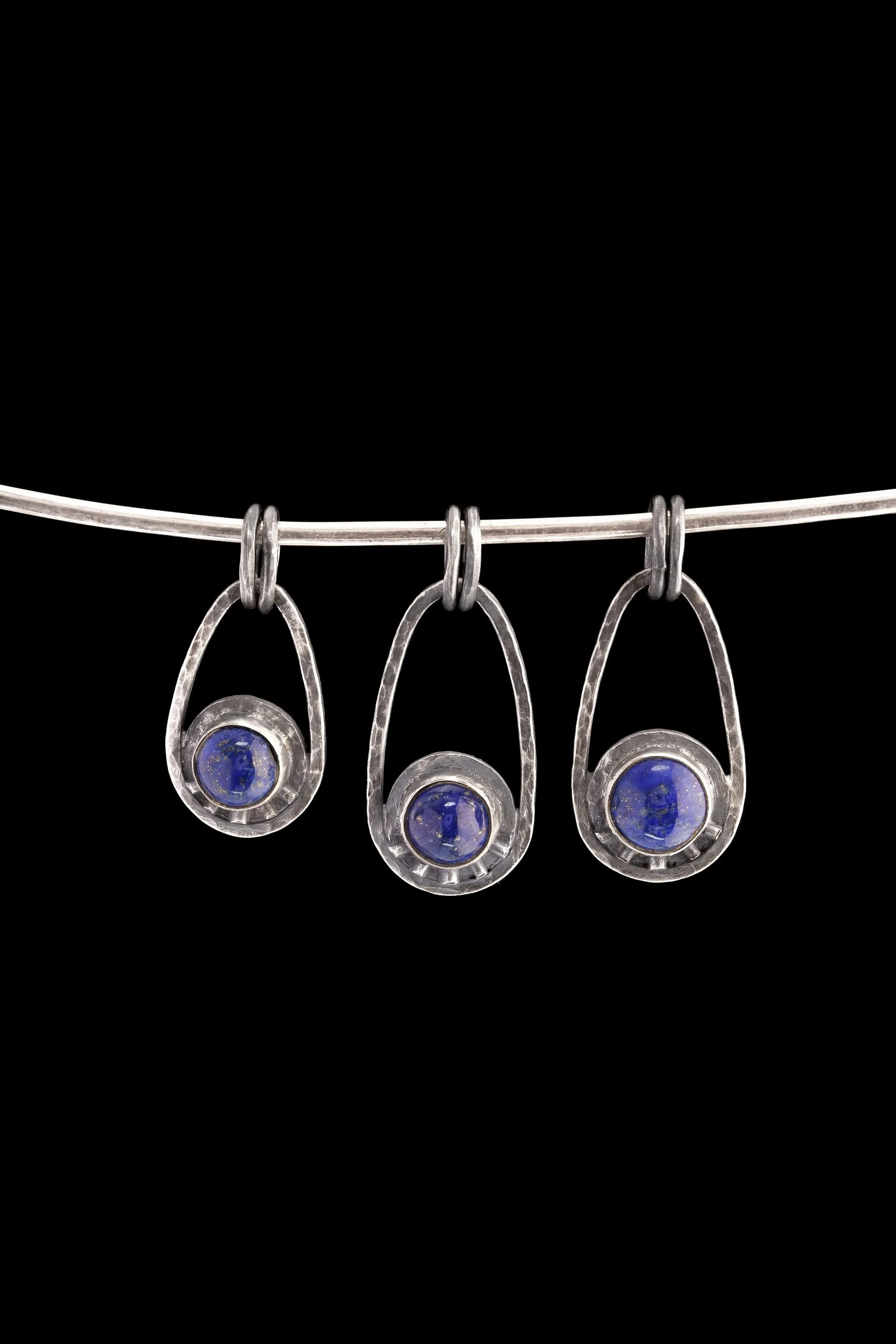 Round Lapis Lazuli Cab - Solid Oxidised Textured Sterling Silver - Rustick Boho Oval Sun/ Moon - Pendant Crystal Necklace