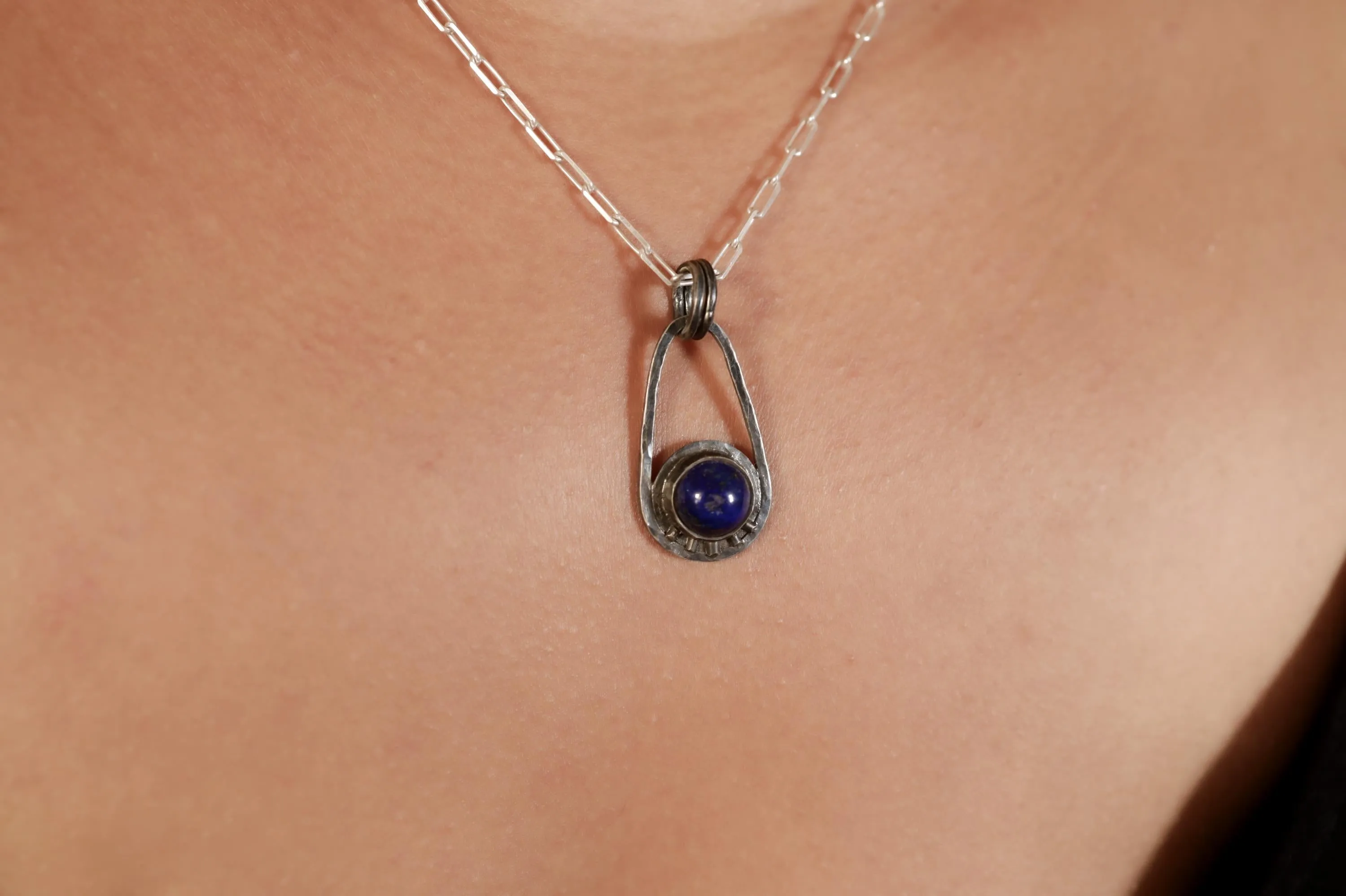 Round Lapis Lazuli Cab - Solid Oxidised Textured Sterling Silver - Rustick Boho Oval Sun/ Moon - Pendant Crystal Necklace
