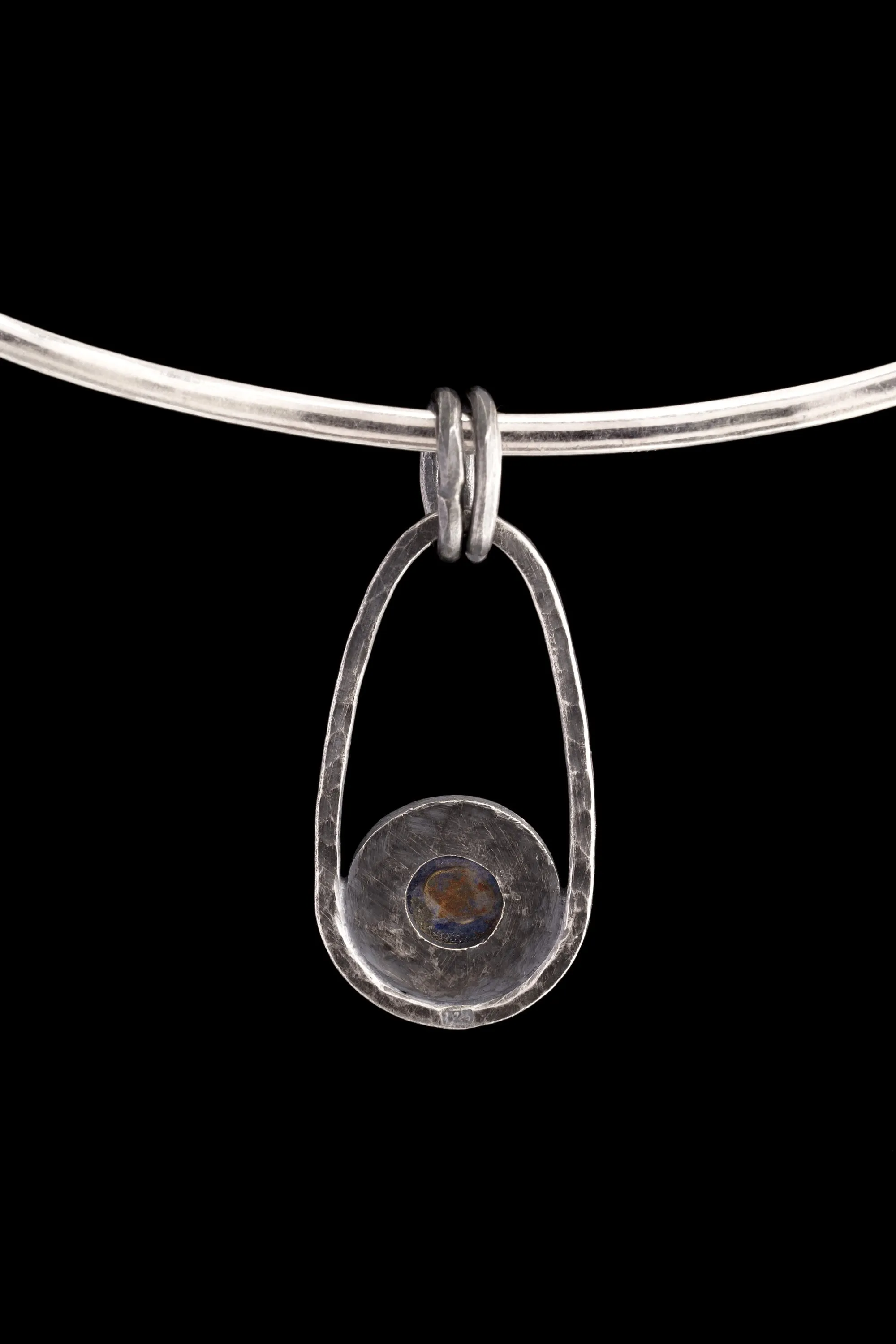 Round Lapis Lazuli Cab - Solid Oxidised Textured Sterling Silver - Rustick Boho Oval Sun/ Moon - Pendant Crystal Necklace