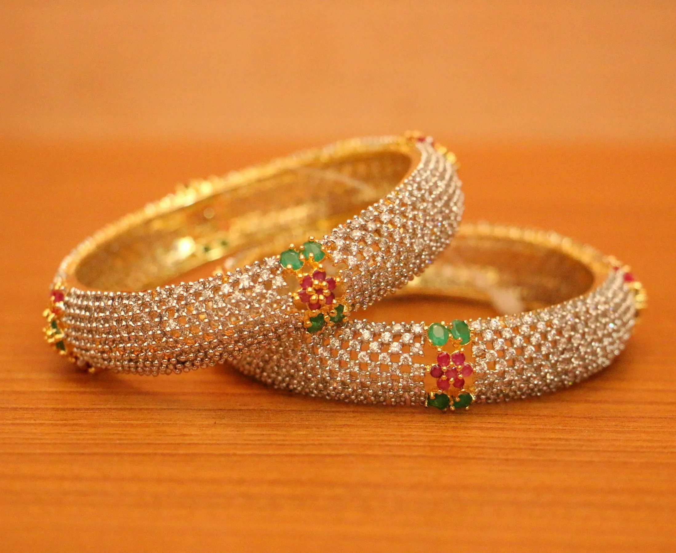 RUBY & EMERALD LOOK CZ STUDDED BANGLES