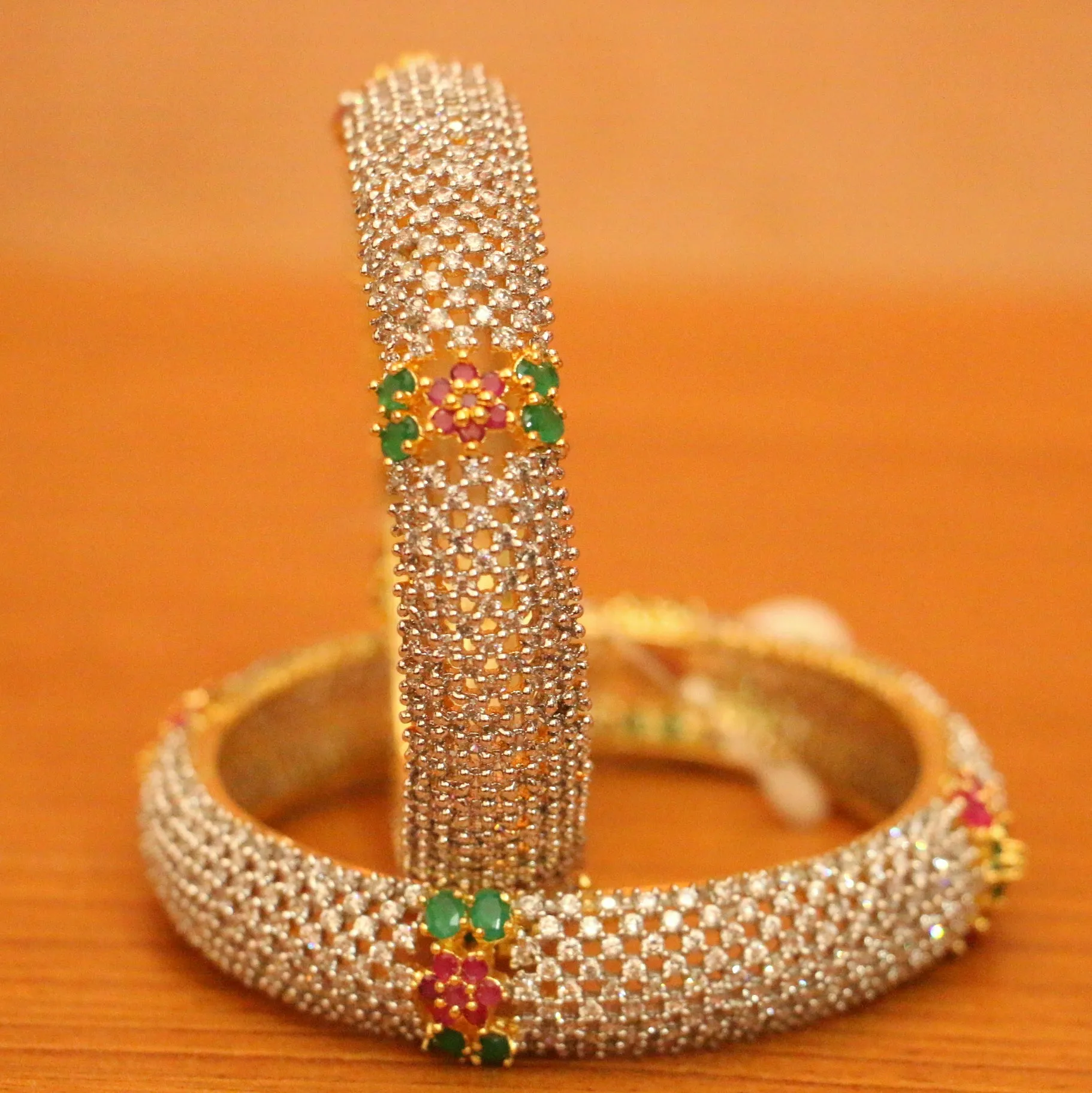 RUBY & EMERALD LOOK CZ STUDDED BANGLES