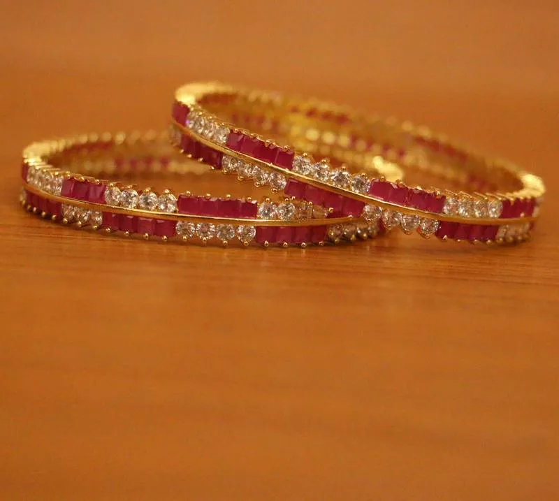 Ruby Diamond Look Gold Plated Bangles