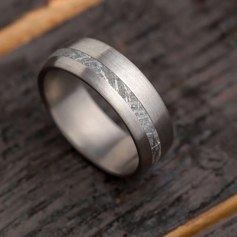 Rugged Men's Meteorite Wedding Band With Brushed Titanium