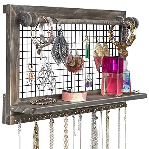 Rustic Jewelry Organizer with Bracelet Rod Wall Mounted l Wooden Wall Mount Holder for Earrings, Necklaces, Bracelets, and Many Other Accessories SoCal Buttercup